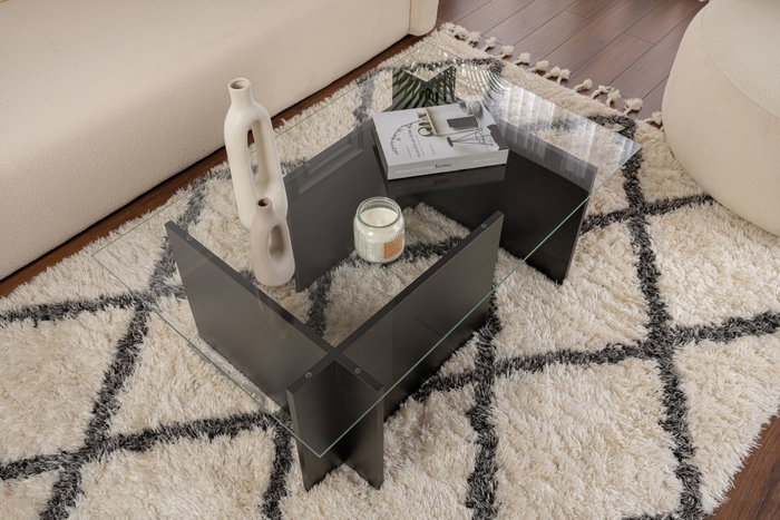Nordure Mesa de centro Vetrino Wood Black cristal templado y melamina 105x40x65cm Madera Negro